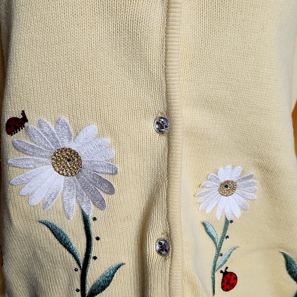 Butter Yellow Button Down Knit Cardigan W/ Butterflies Ladybugs. Cottagecore - Picture 3 of 13